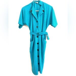 80’s Like Fashion Teal Button-Up Dress with Belt